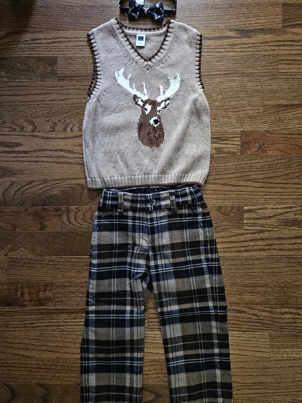 Janie and Jack Deer Sweater Vest, Bowtie and Plaid Pants